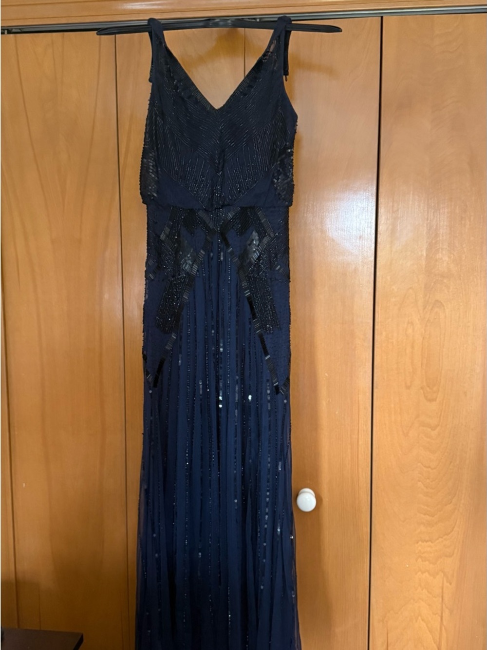 Navy Beaded V-Neck Evening Gown